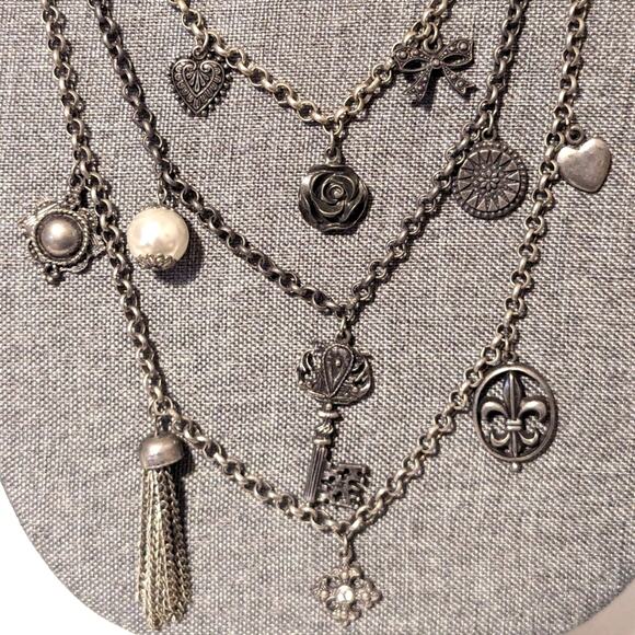 American Eagle Silver Tone Triple Strand Layered Heart Key Rose Charm Necklace - Picture 2 of 4